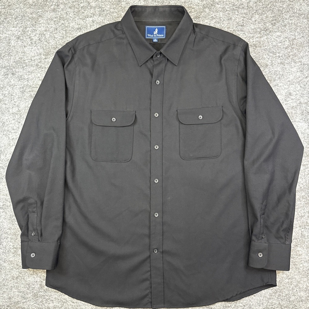Wool & Prince worsted wool shirt men's XL black long sleeve button up pockets - Picture 2 of 8